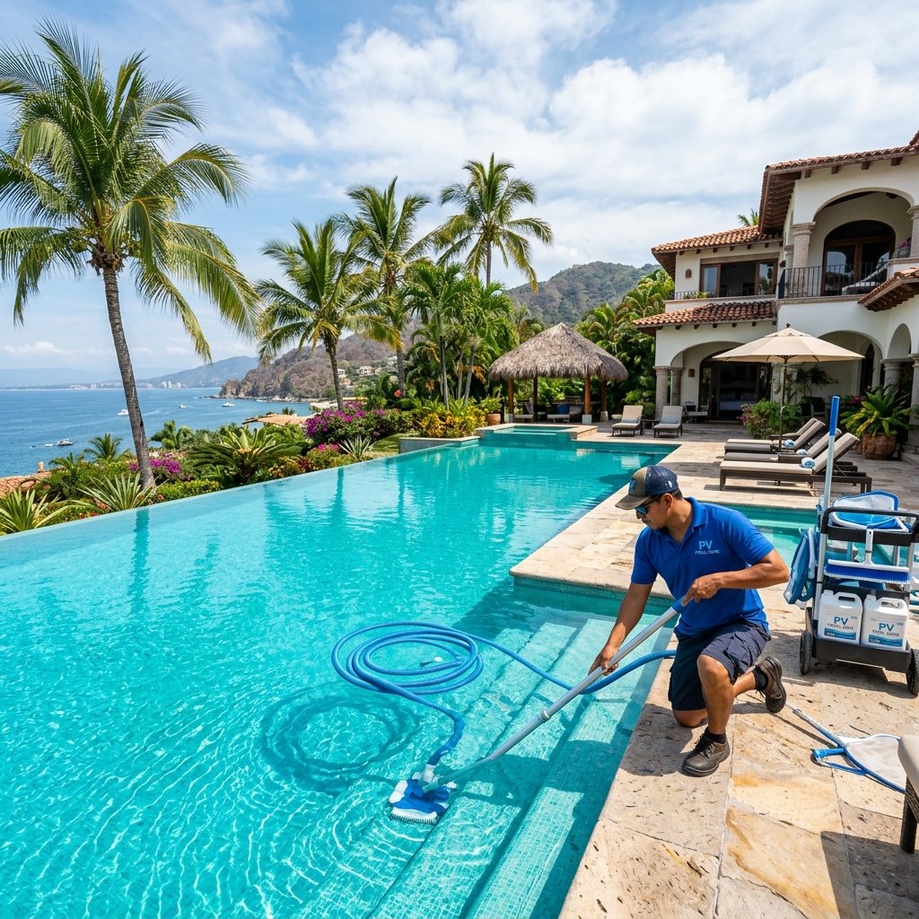 Técnico de Hidro Pool Vallarta trabajando en alberca